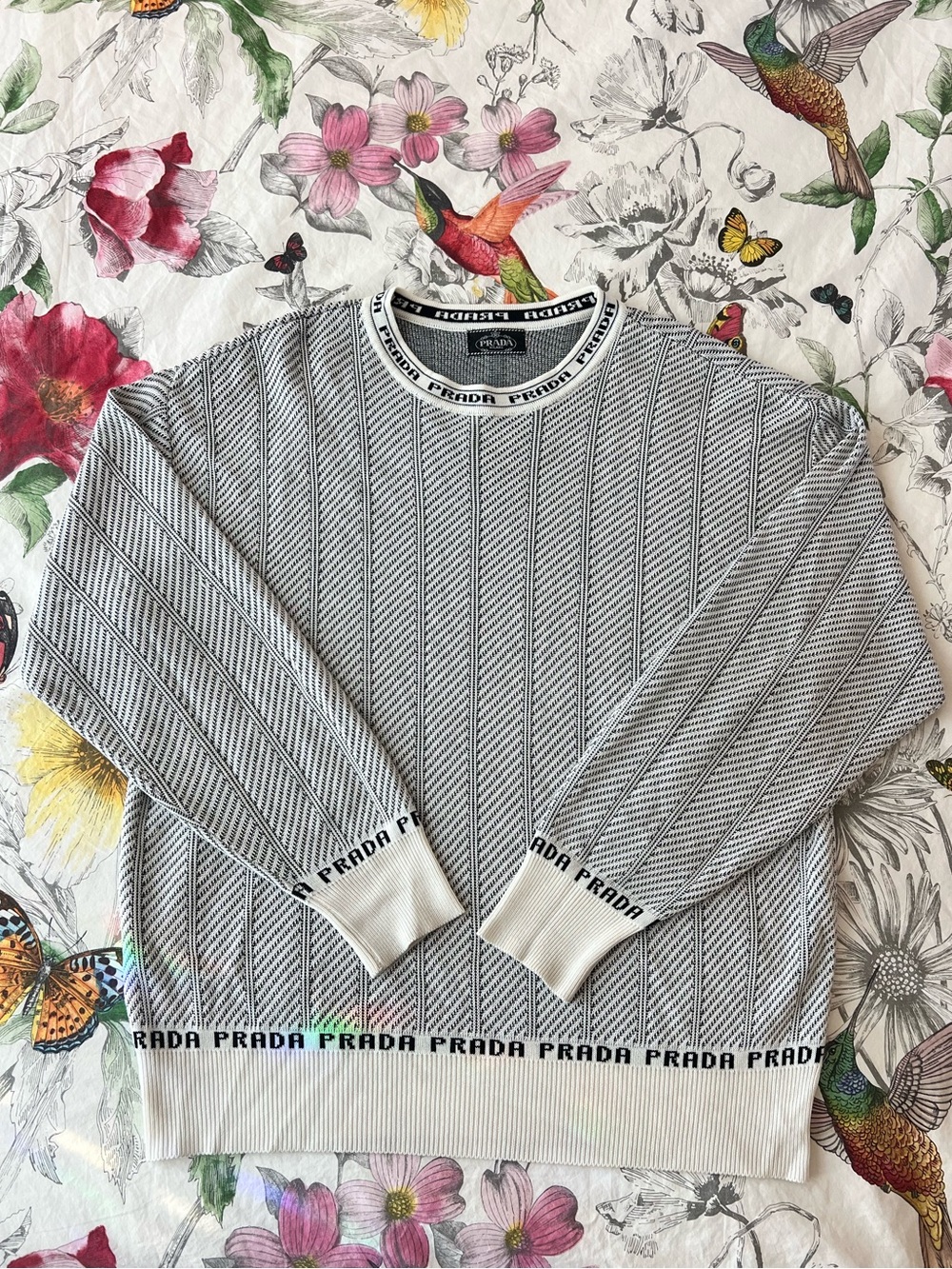 Vintage Prada Black & White Logo Chevron Knit Sweater Wool Cotton